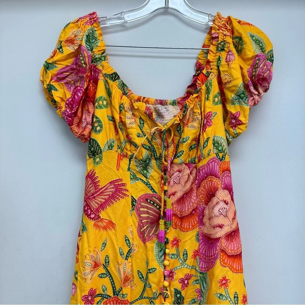 NWT FARM Rio Yellow Macaw Bloom Puff-Sleeve Midi Dress - Picture 3 of 10